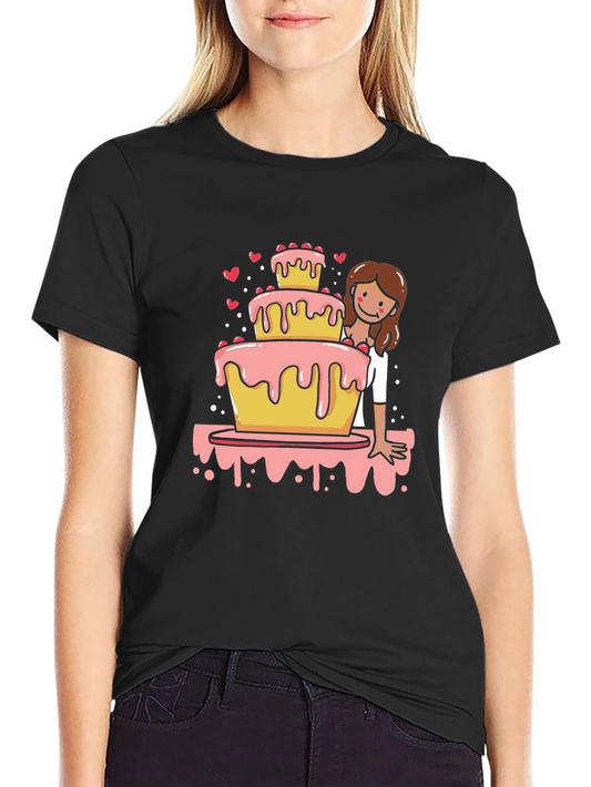 Sweet Celebration Tee: Cake & Cartoon Girl Design