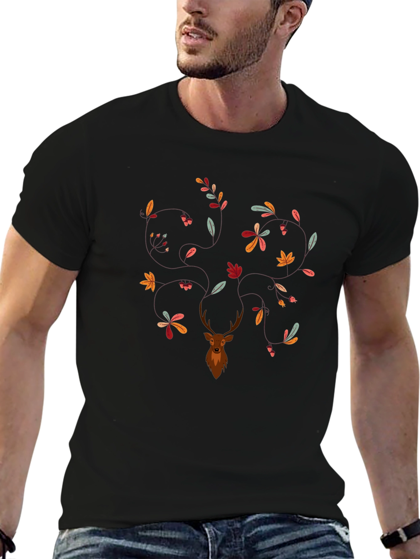Deer & Leaves Graphic Print Black T-Shirt