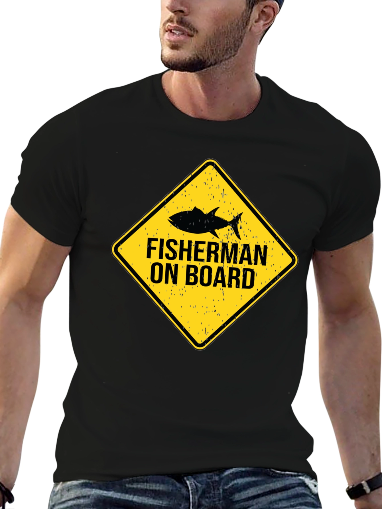 Fisherman On Board Black Cotton T-Shirt