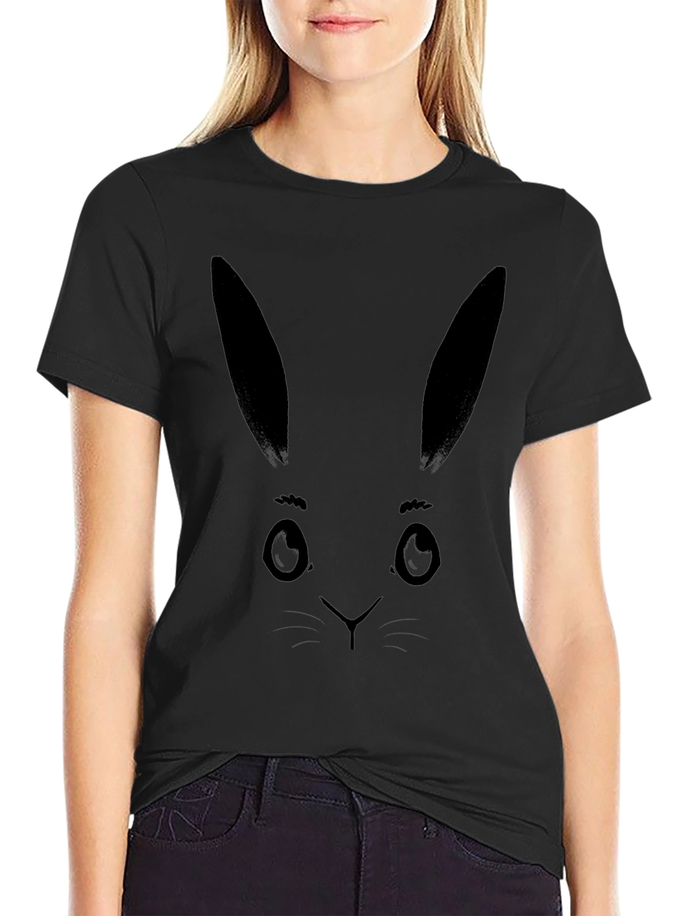 Bunny Face Graphic Tee - Black Cotton T-Shirt