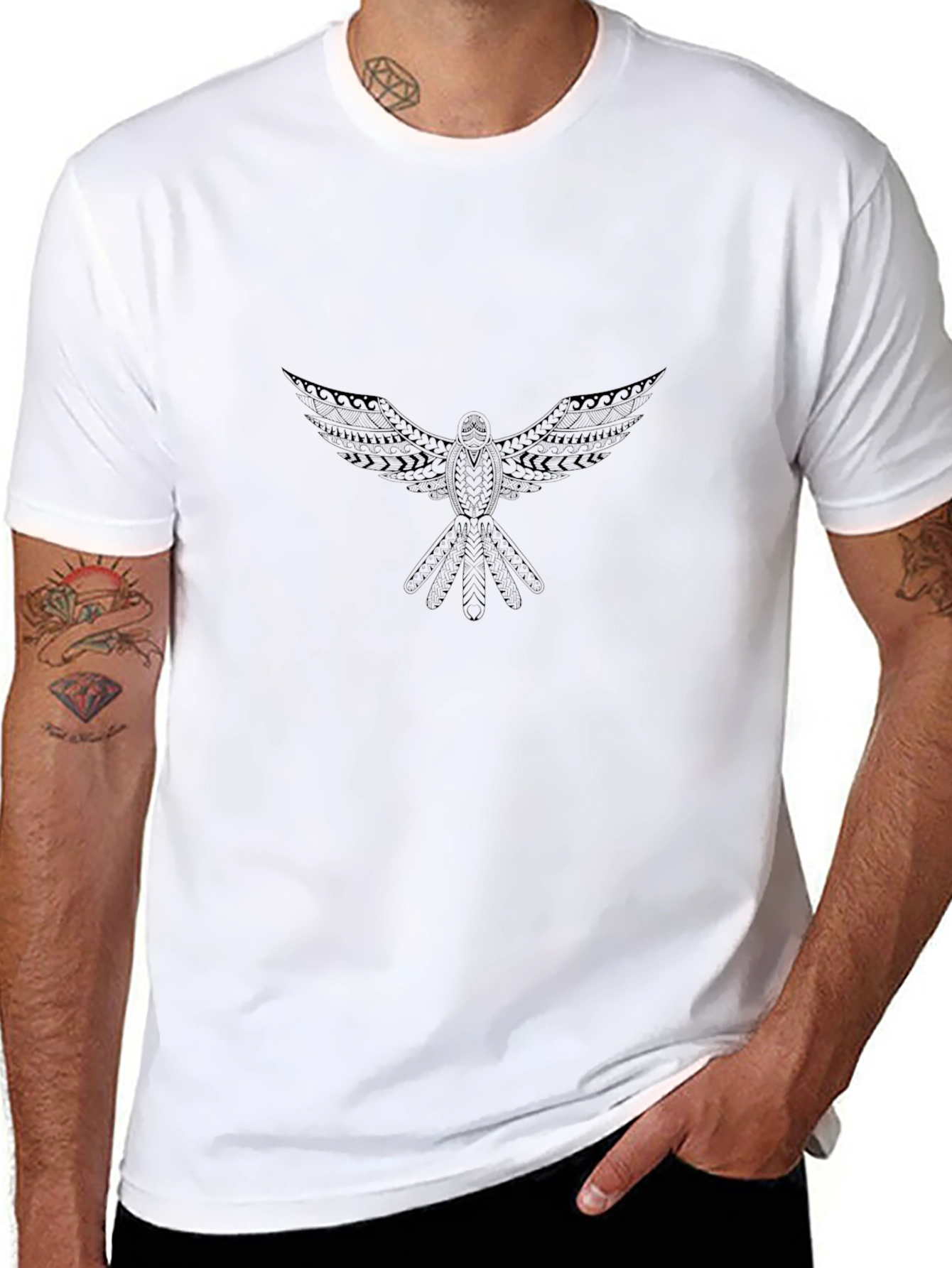Black T-Shirt with Tribal Bird Design
