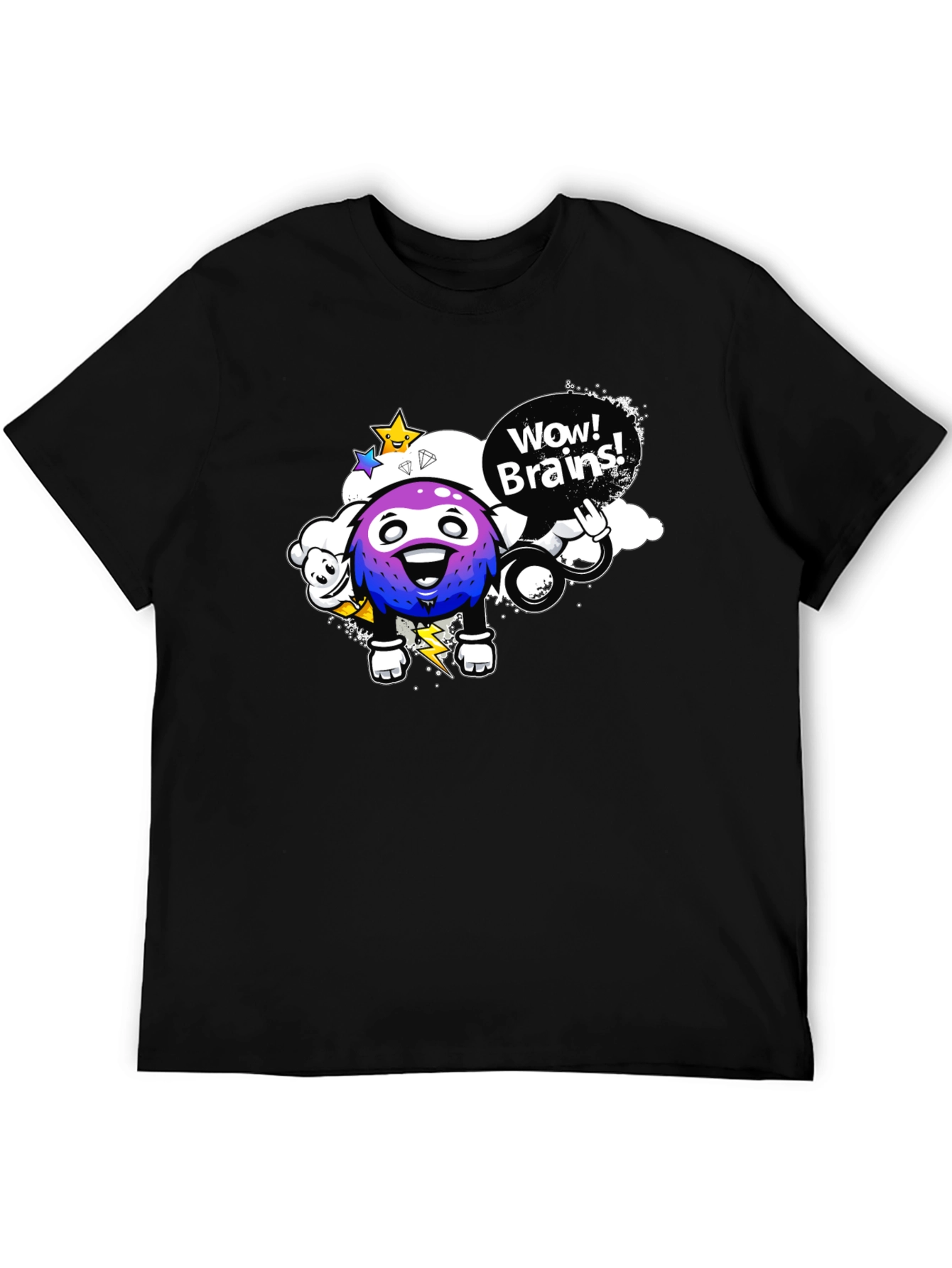 Wow Brains Cartoon Graphic Black T-Shirt