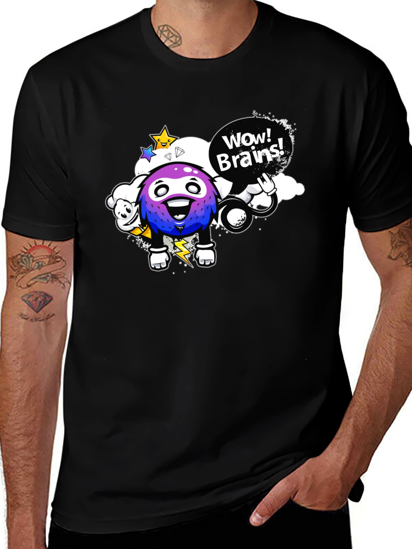 Wow Brains Cartoon Graphic Black T-Shirt