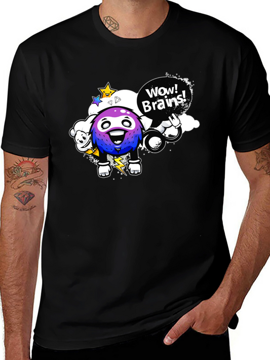 Wow Brains Cartoon Graphic Black T-Shirt
