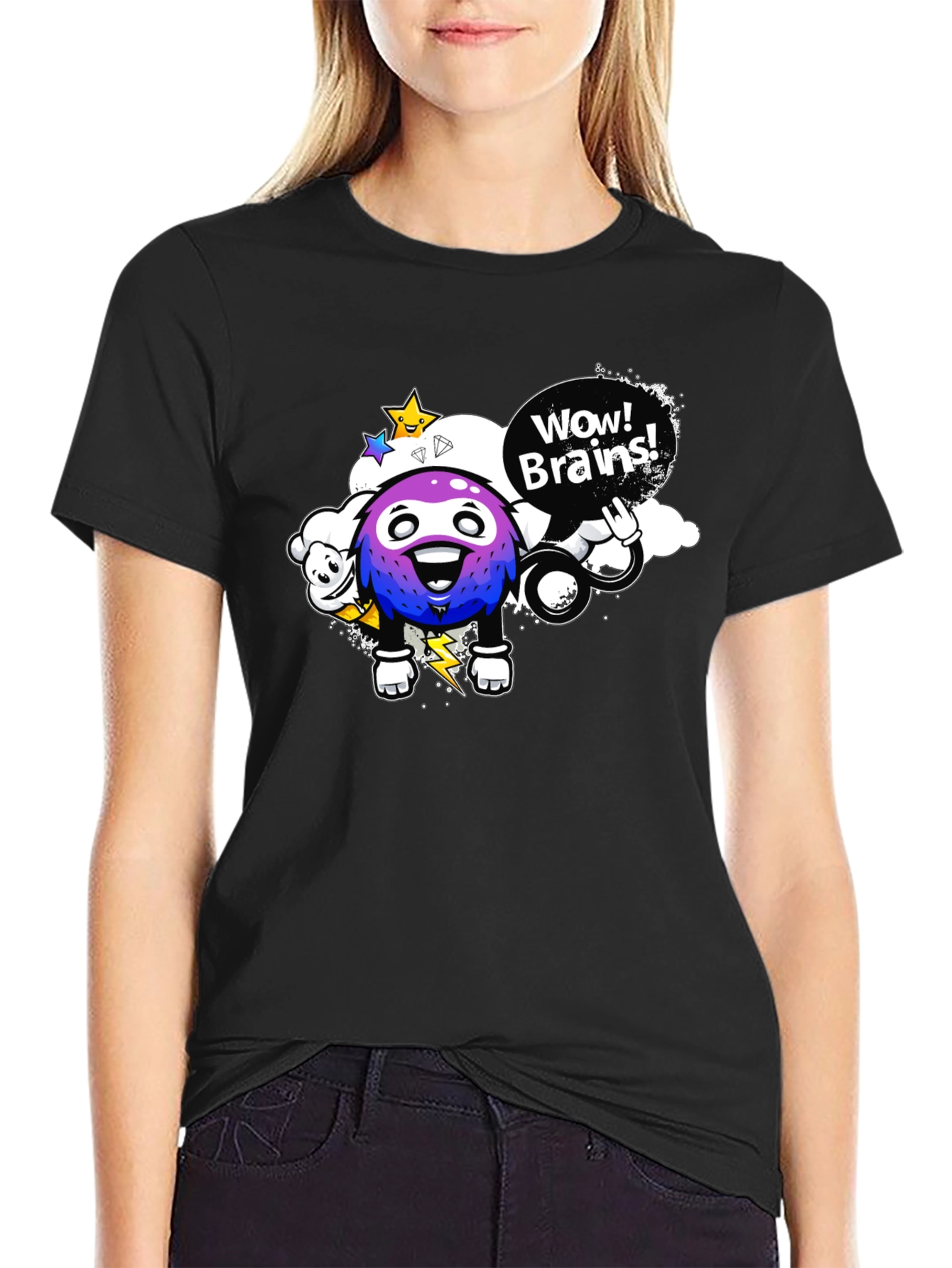 Wow Brains Cartoon Graphic Black T-Shirt