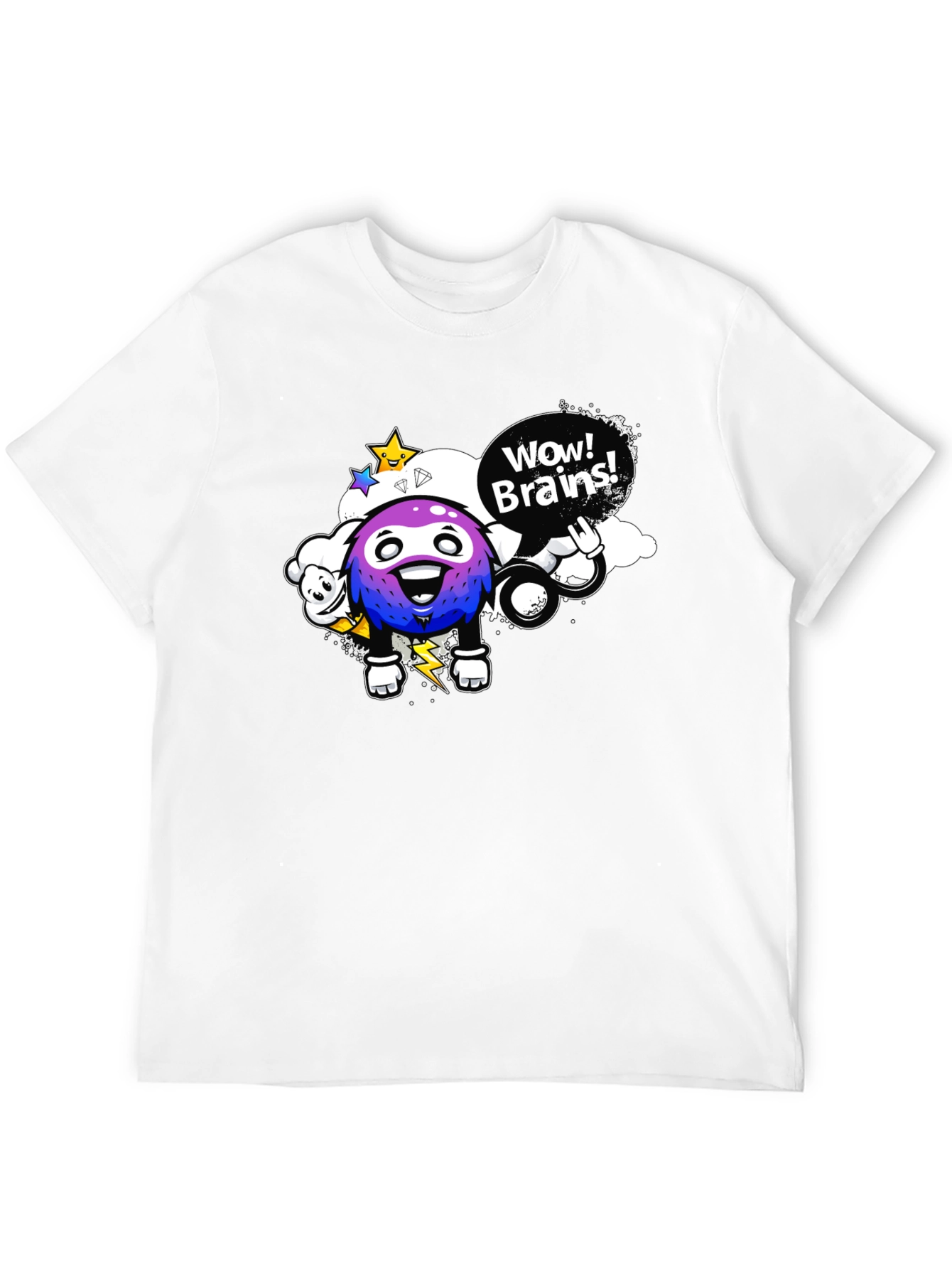 Wow Brains Cartoon Graphic Black T-Shirt