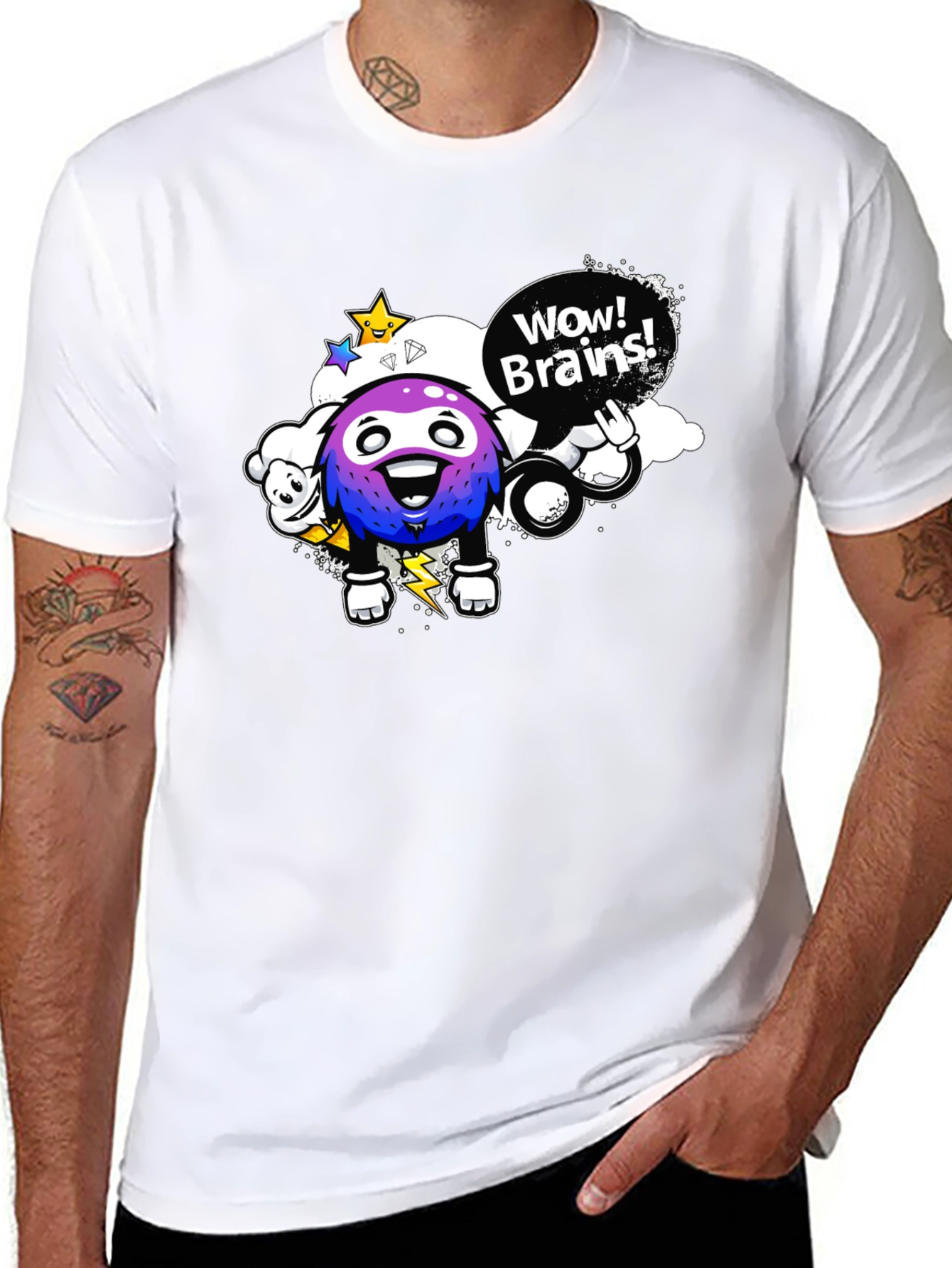 Wow Brains Cartoon Graphic Black T-Shirt