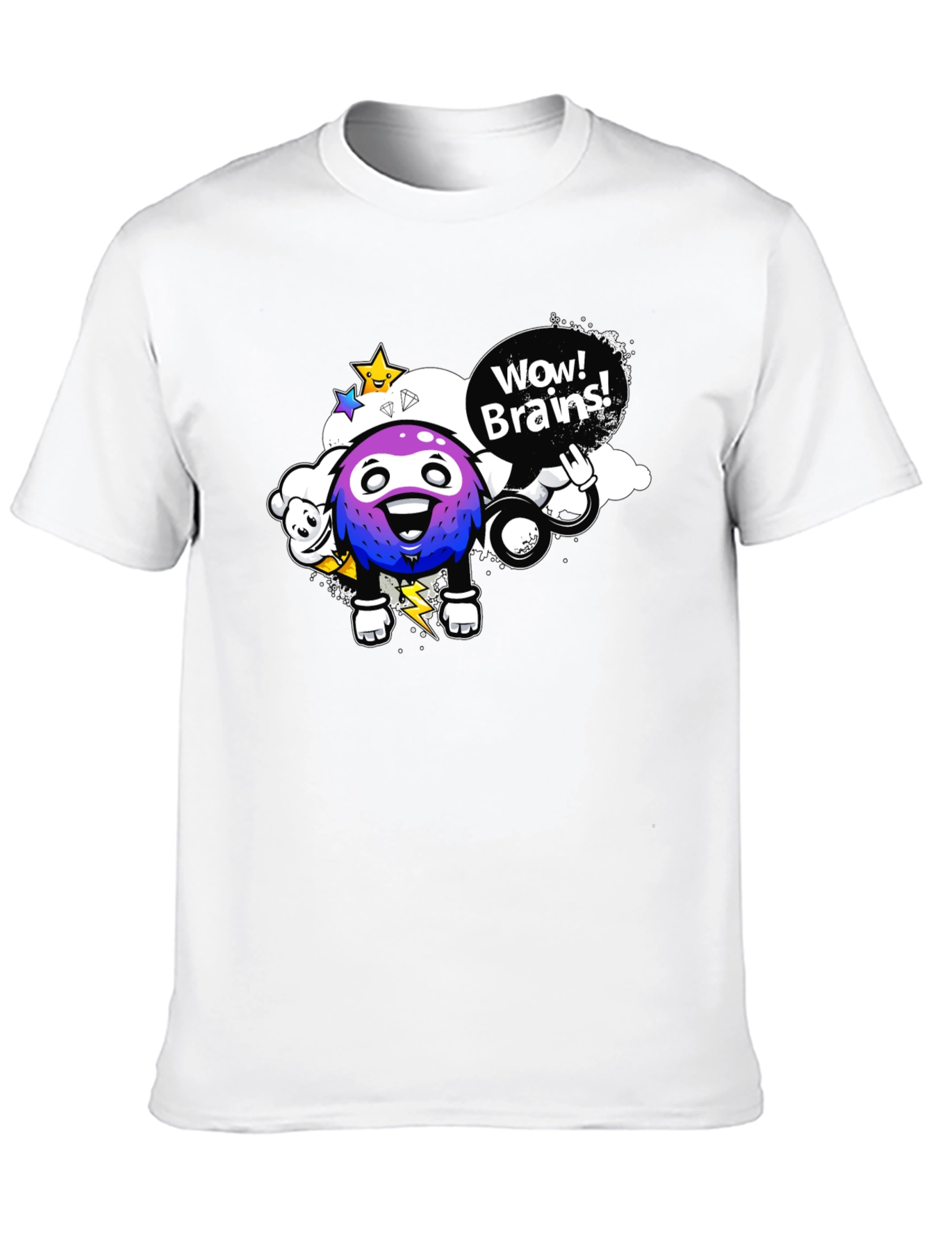 Wow Brains Cartoon Graphic Black T-Shirt