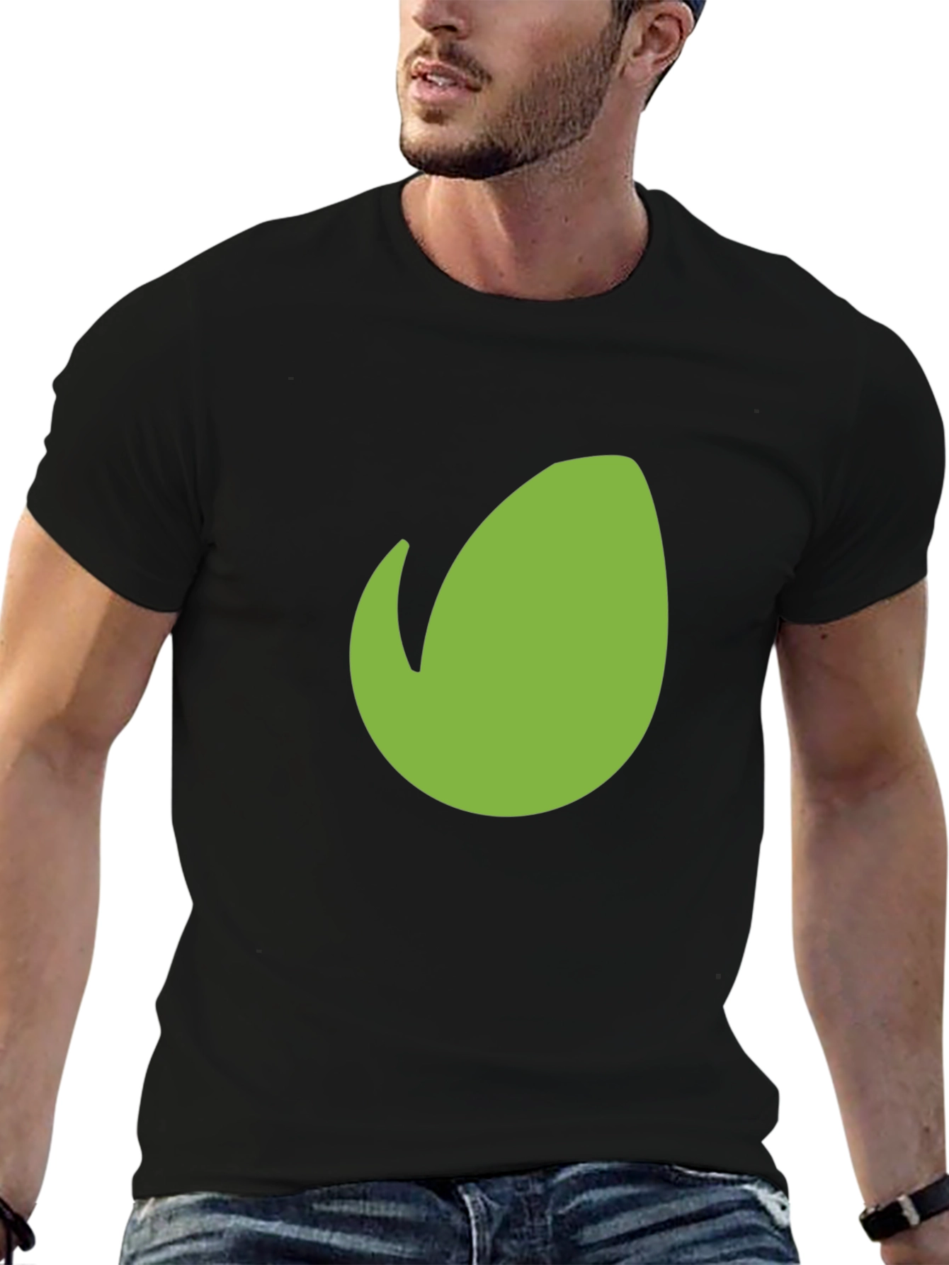 Mens Black T-Shirt with Green Leaf Design