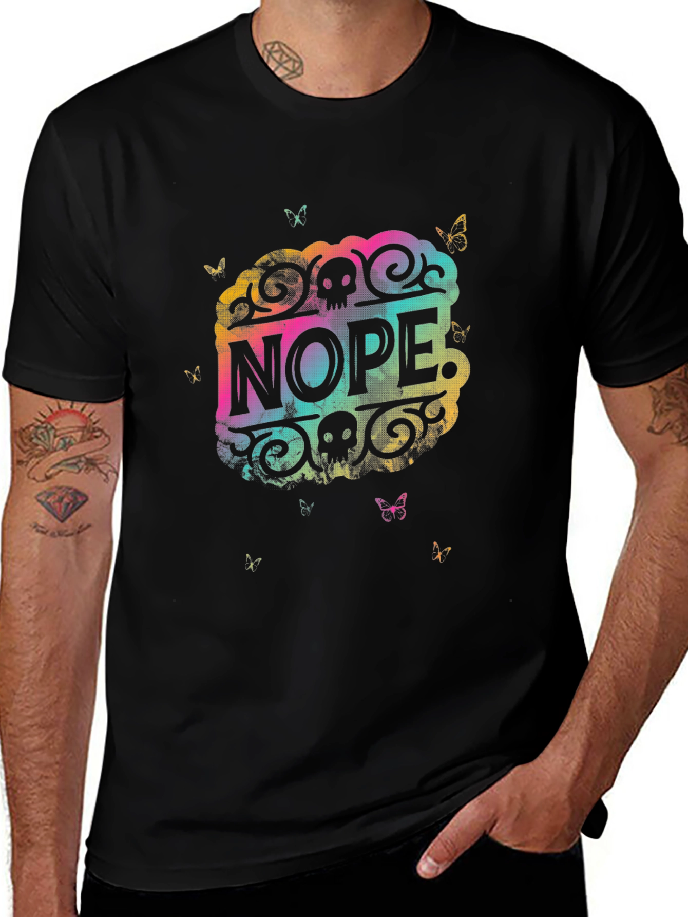 Nope Graphic Tee - Rainbow Skull Butterfly Design