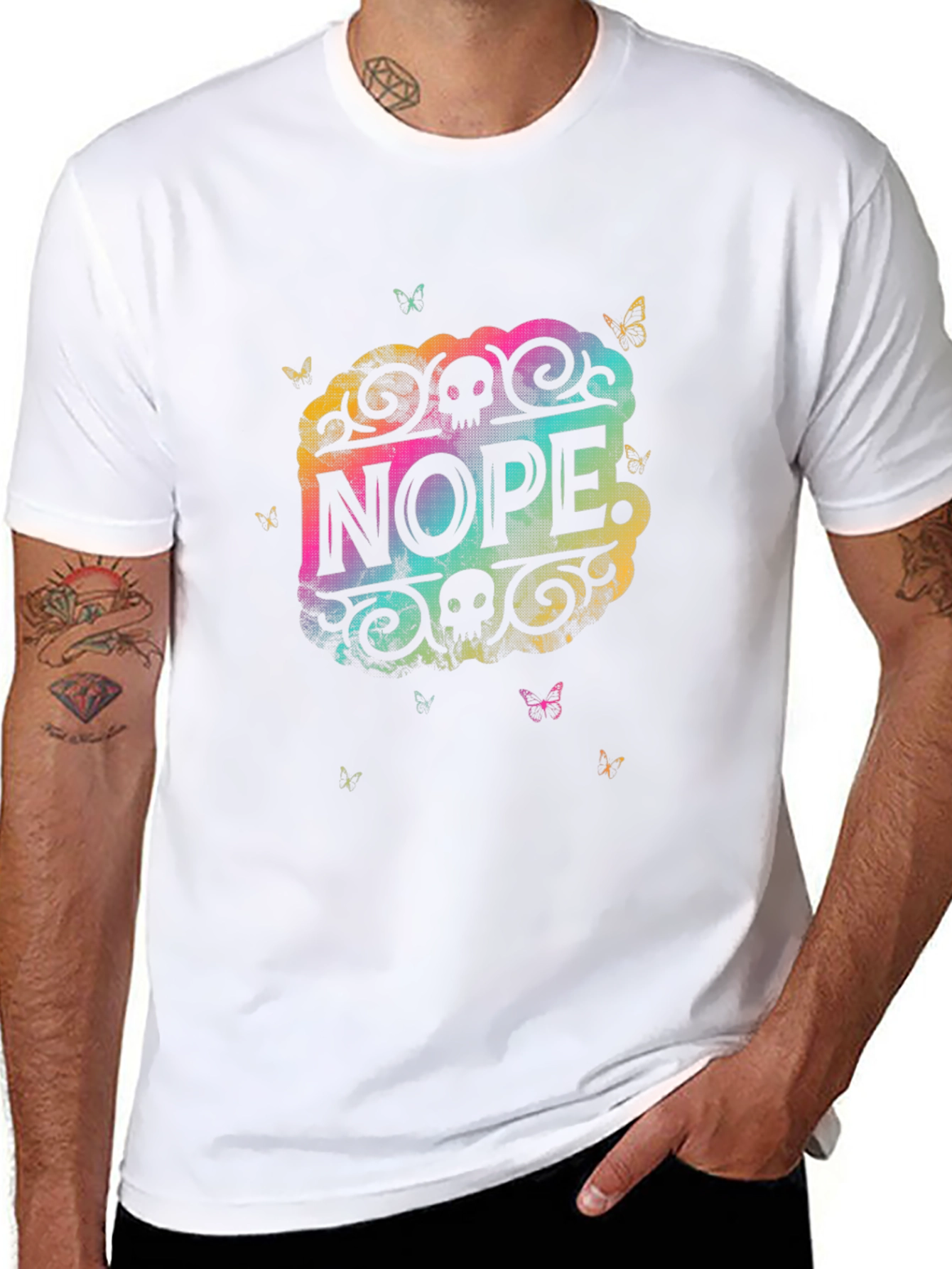 Nope Graphic Tee - Rainbow Skull Butterfly Design