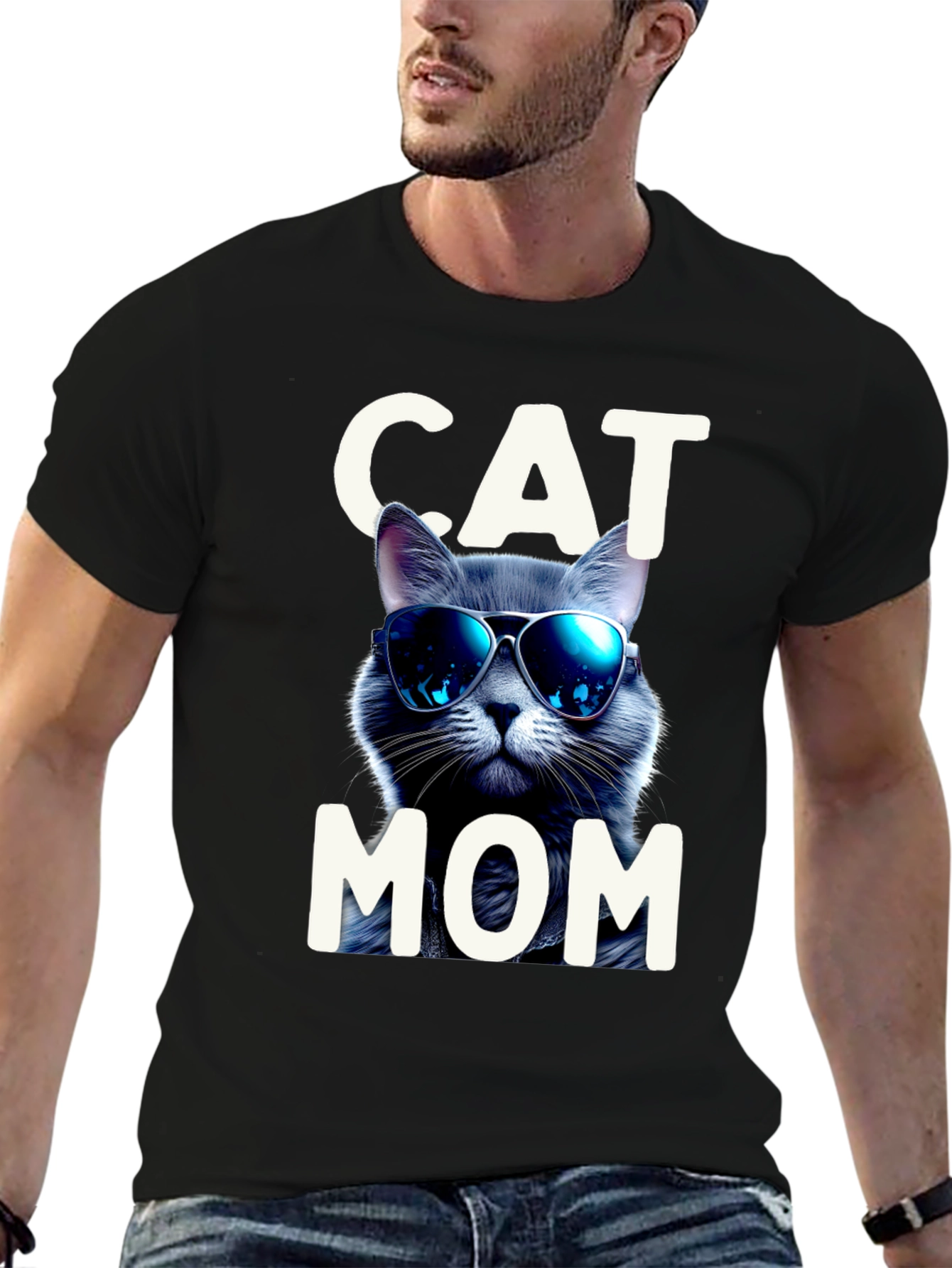 Cool Cat Mom Graphic Tee - Black