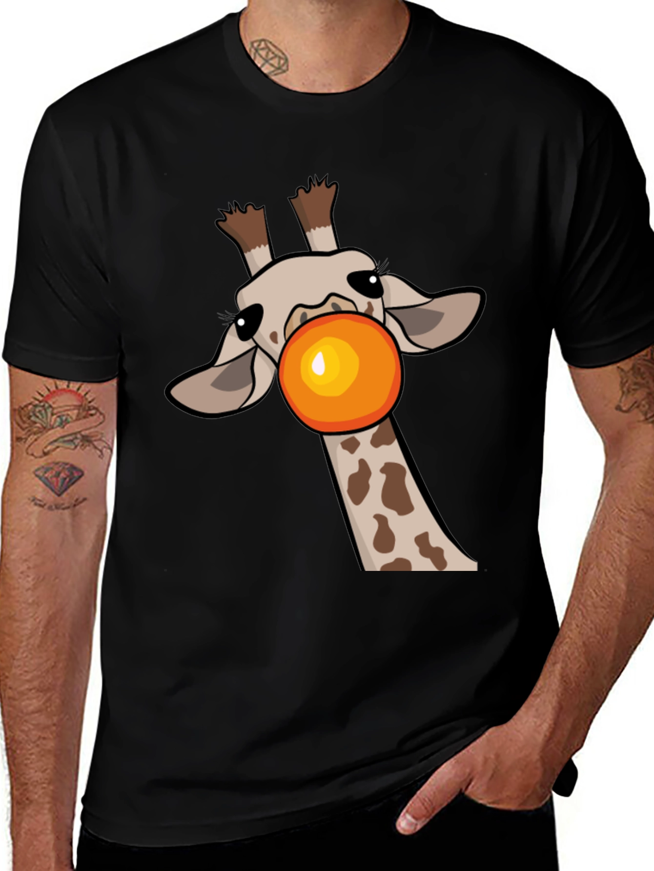 Giraffe Bubble Gum Pop Mens Black Graphic Tee