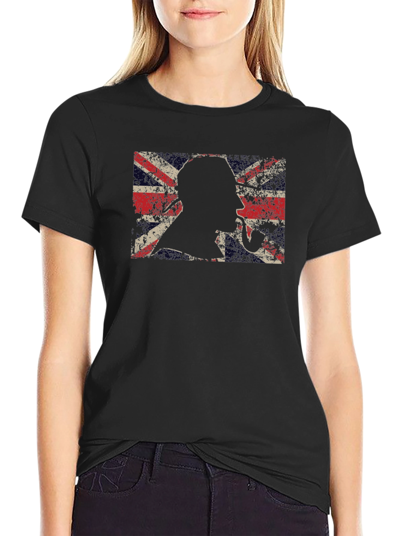 Union Jack Sherlock Holmes Mens Black T-Shirt
