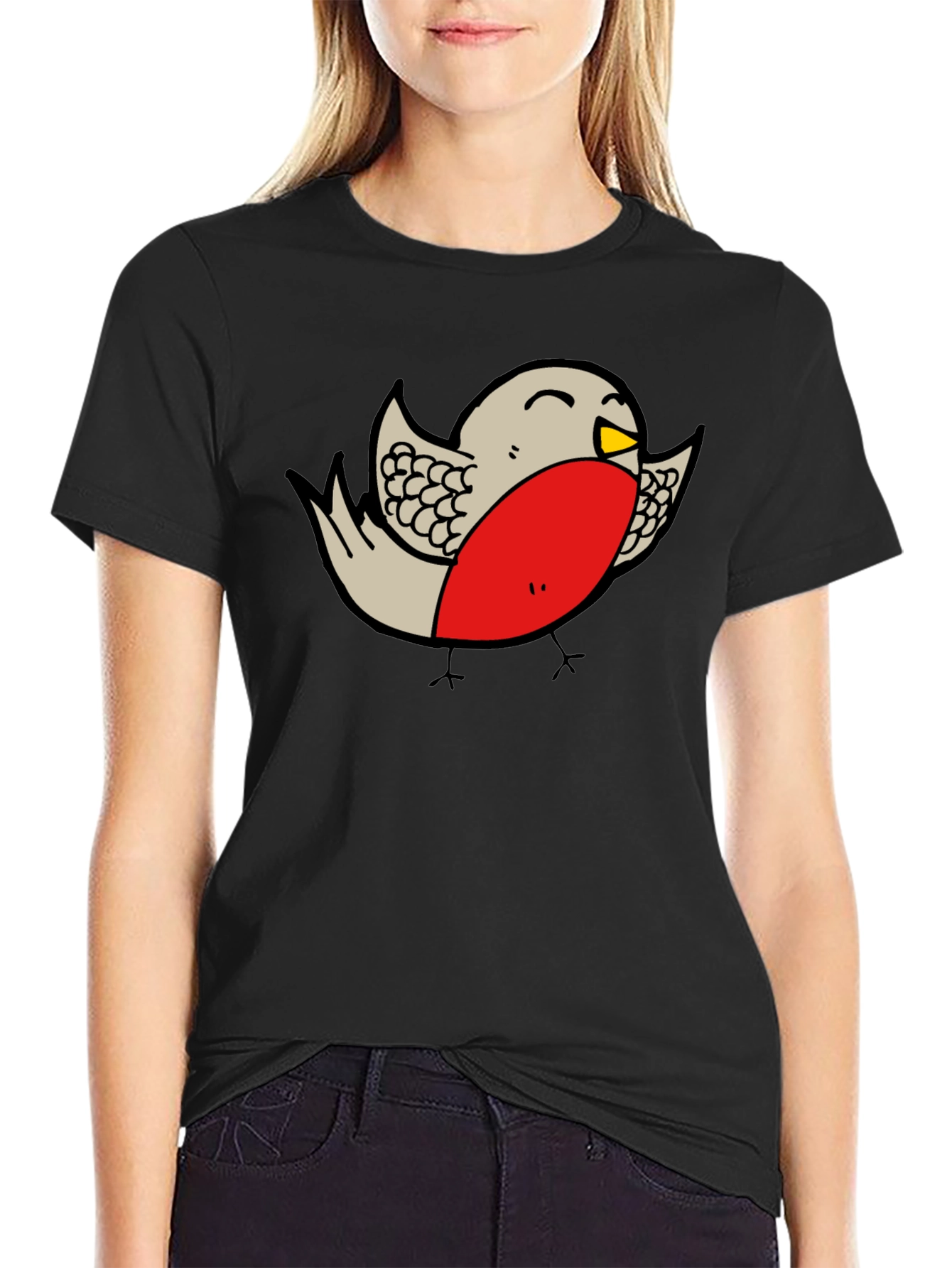 Cartoon Robin Graphic Print Black T-Shirt
