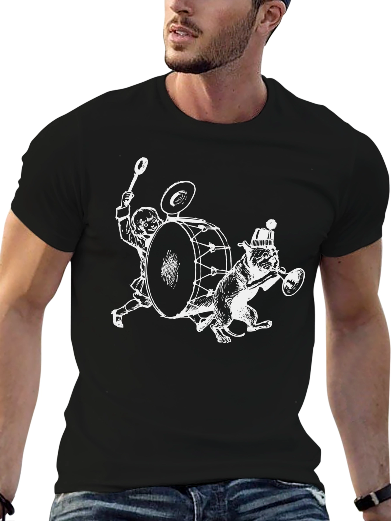 Drummer Dog Graphic Tee - Black Cotton T-Shirt