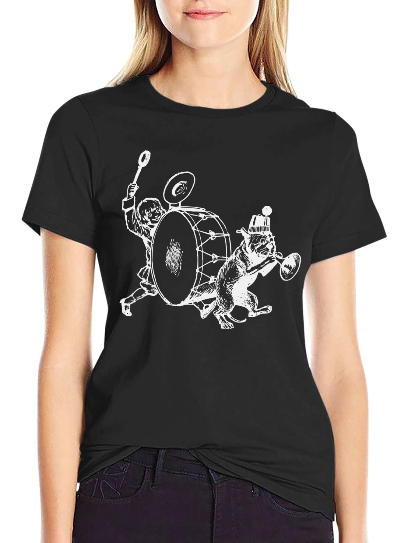 Drummer Dog Graphic Tee - Black Cotton T-Shirt
