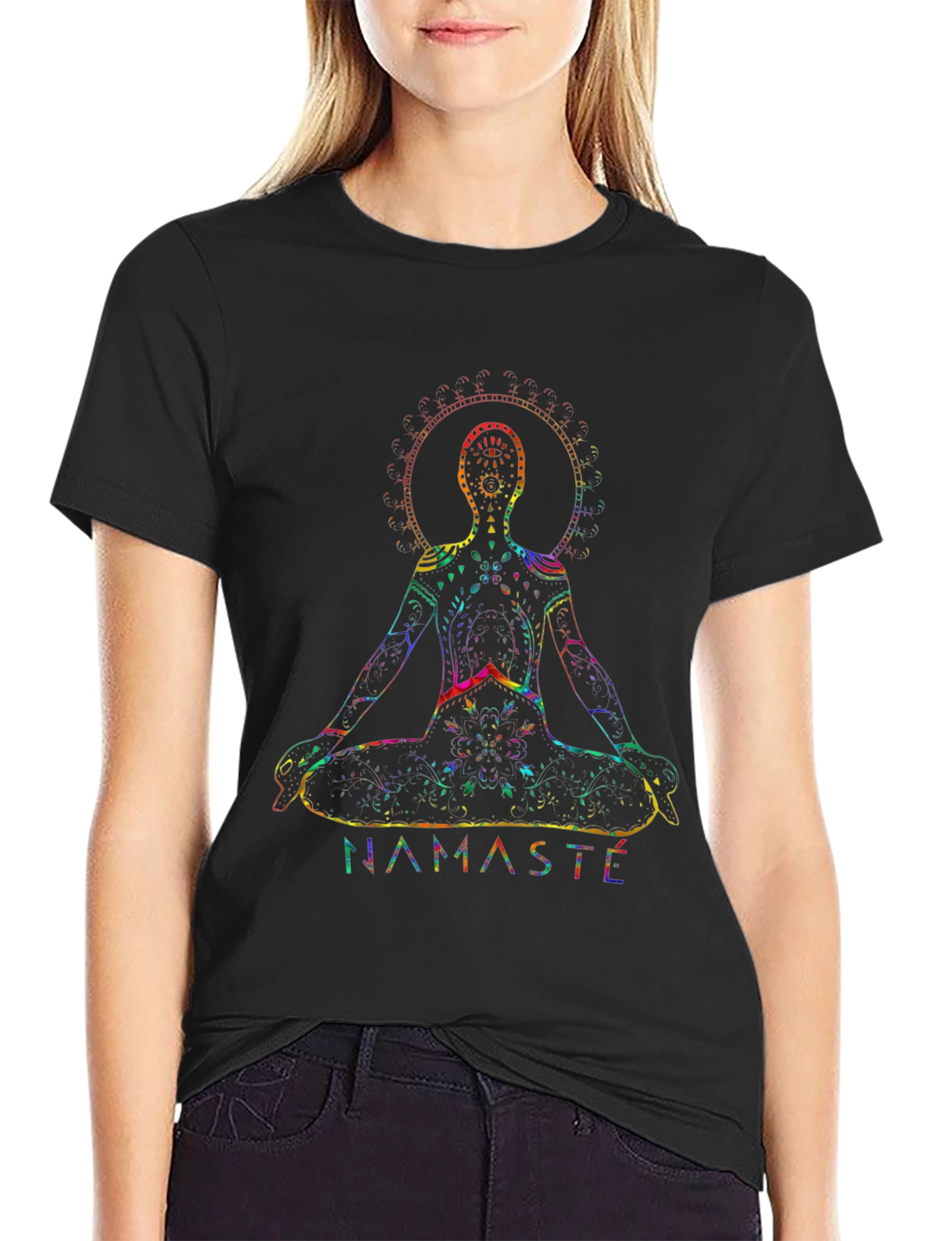 Namaste Yoga Rainbow Chakra Graphic Black T-Shirt