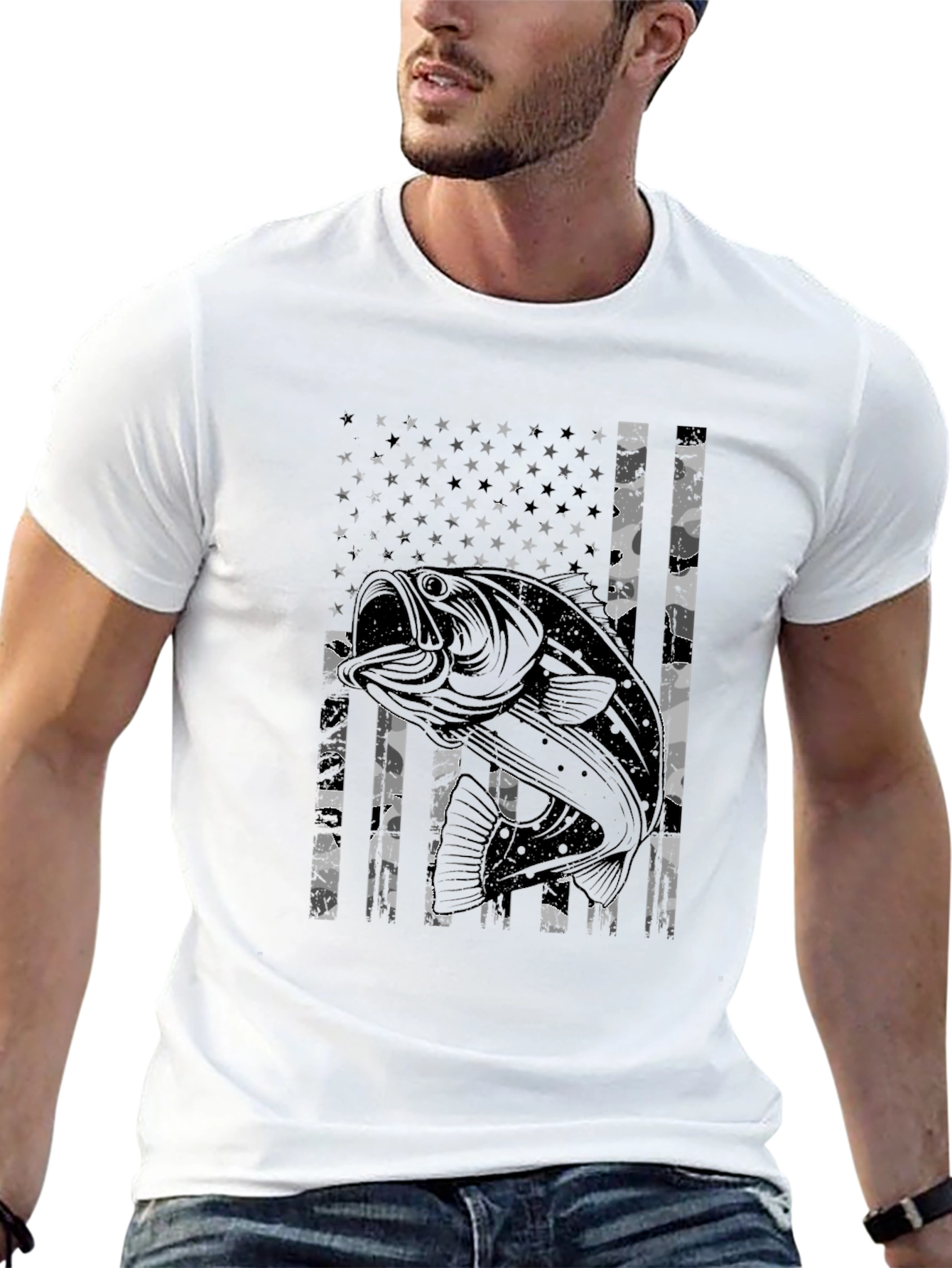 Bass Fish American Flag Graphic T-Shirt