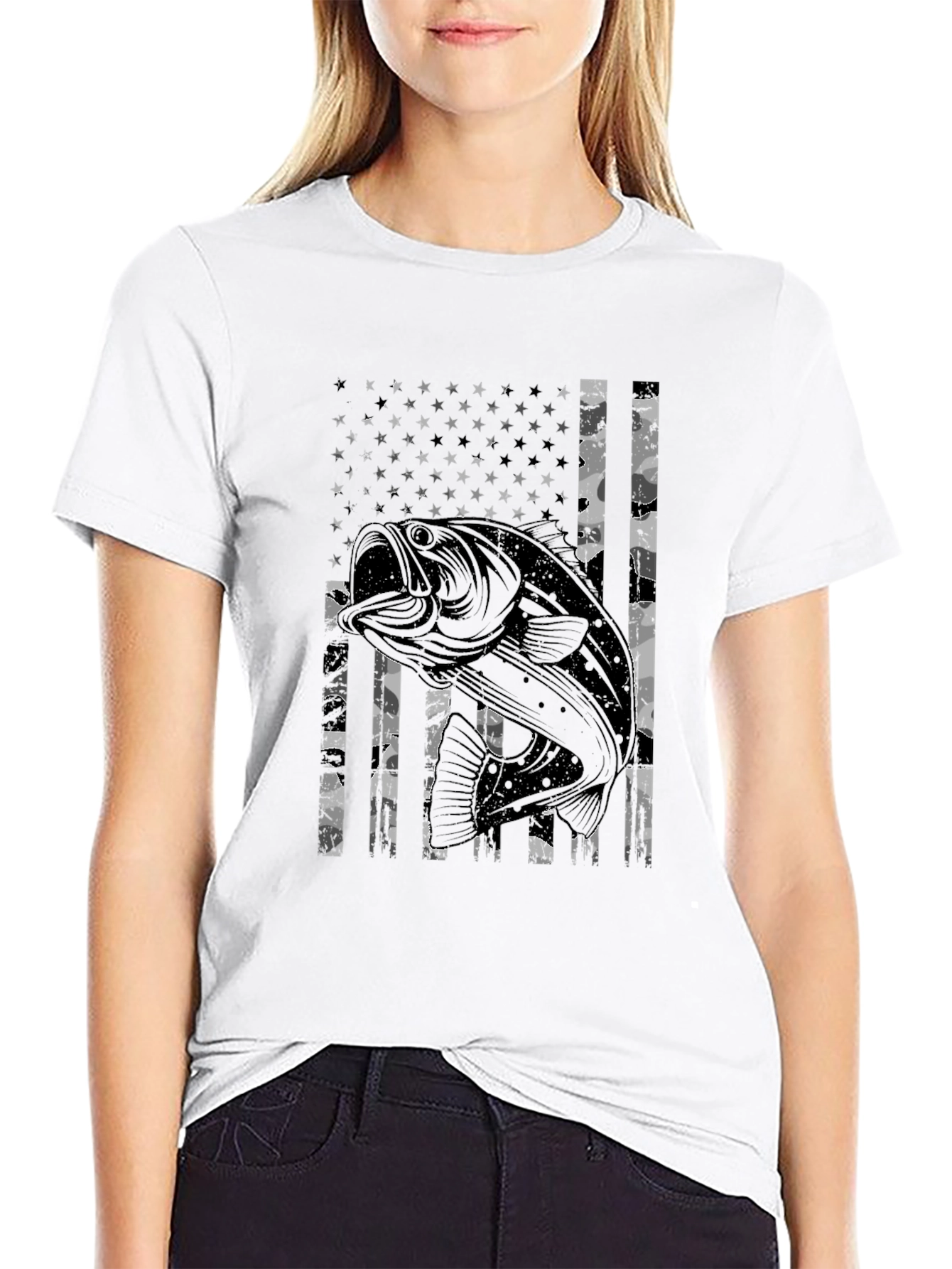 Bass Fish American Flag Graphic T-Shirt