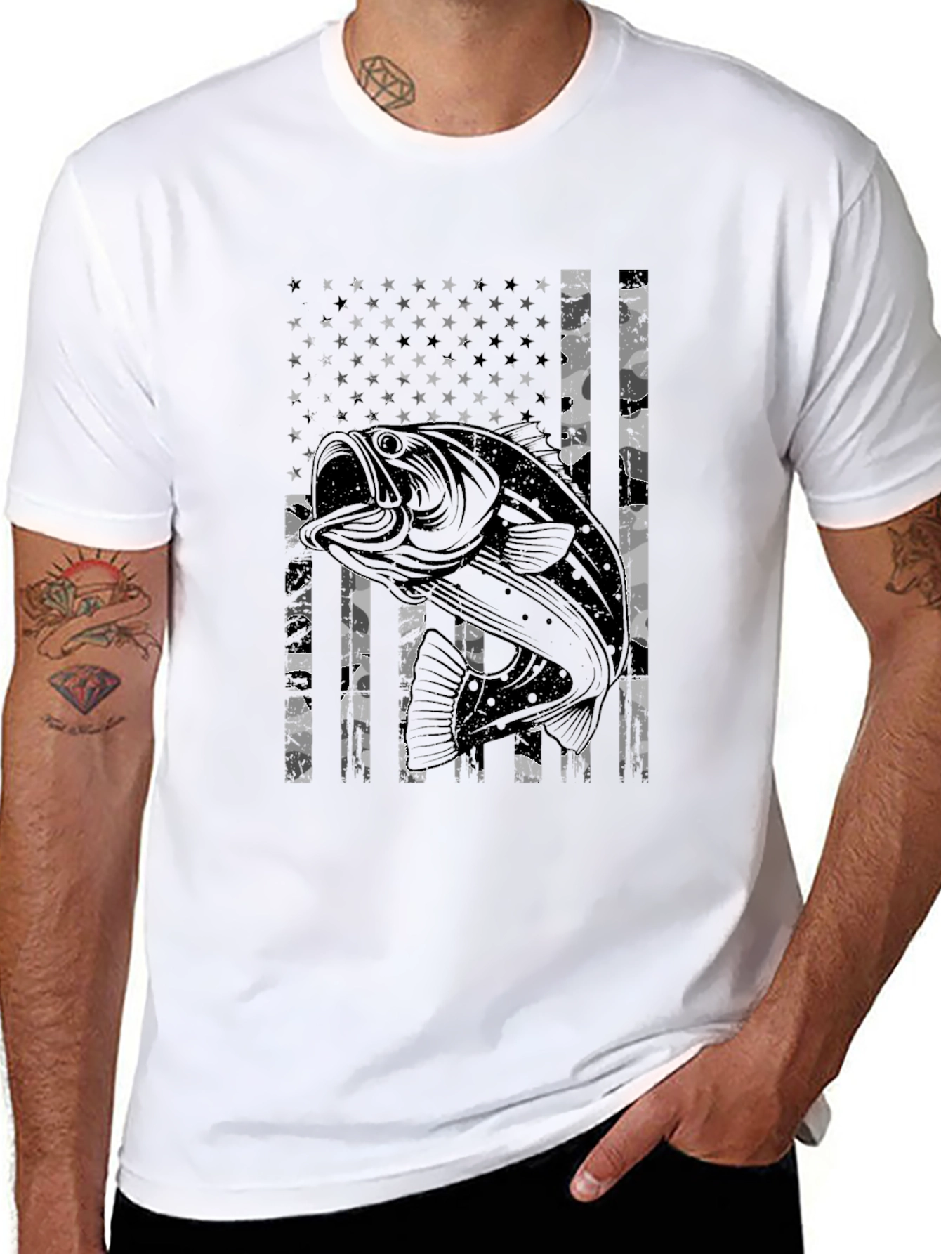 Bass Fish American Flag Graphic T-Shirt