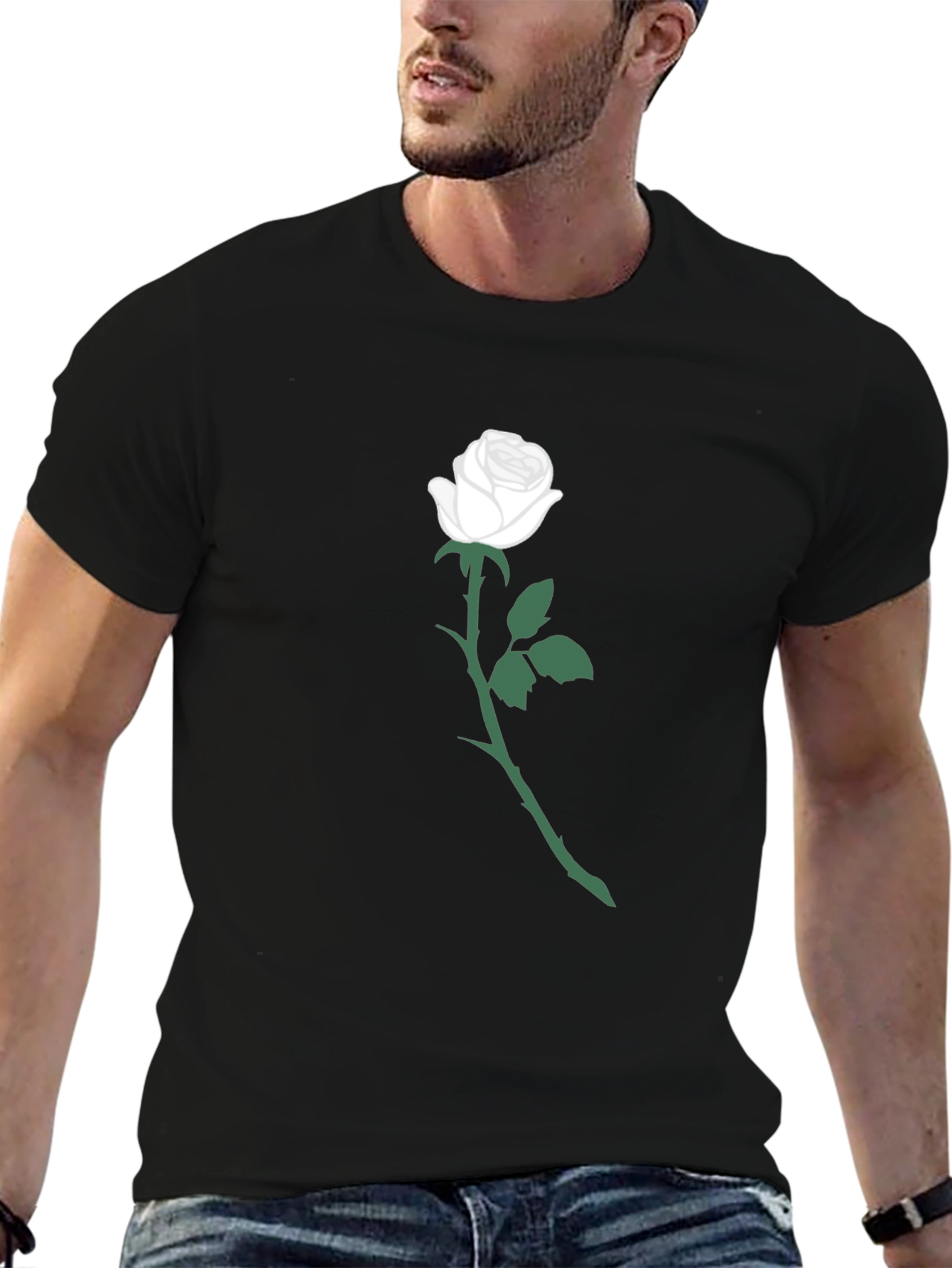 Black T-Shirt with White Rose Graphic