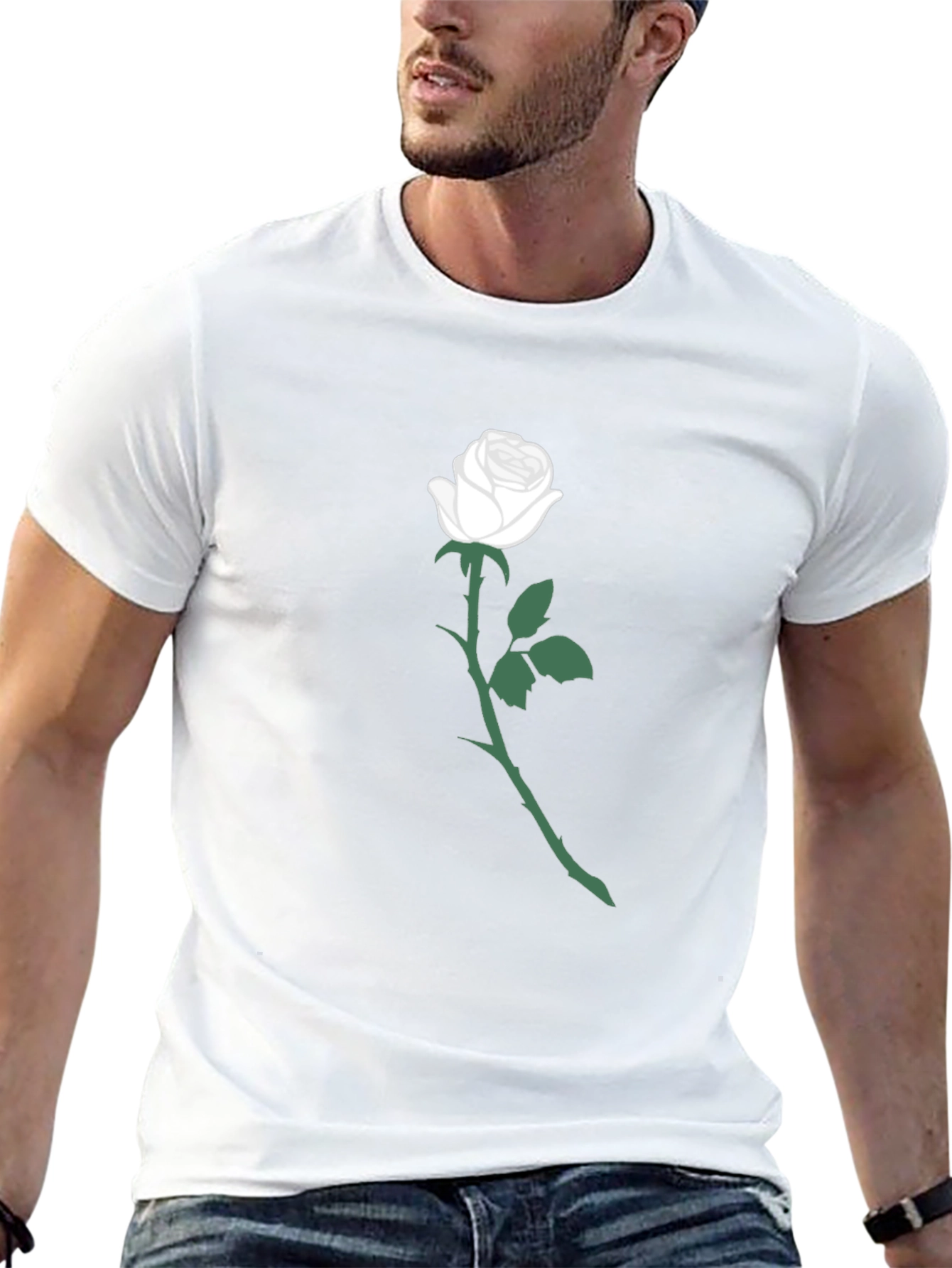 Black T-Shirt with White Rose Graphic