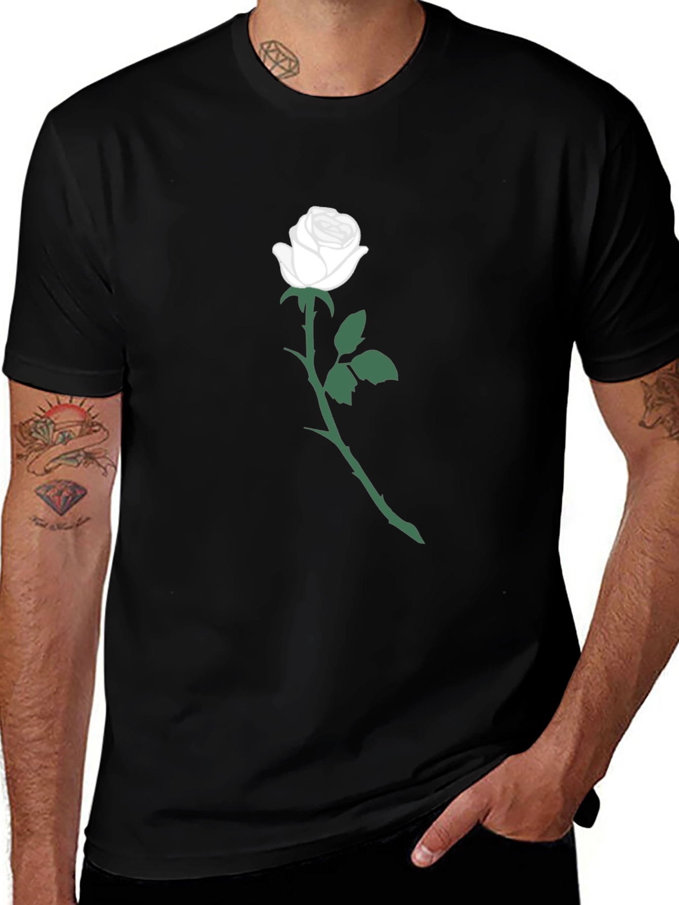 Black T-Shirt with White Rose Graphic