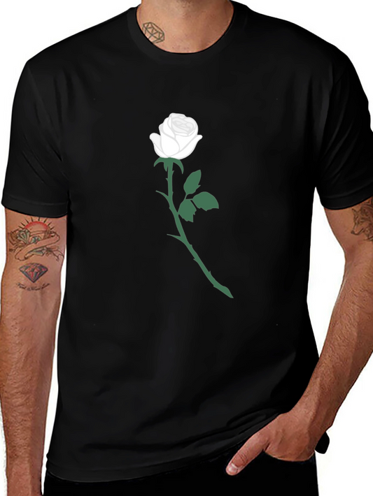 Black T-Shirt with White Rose Graphic