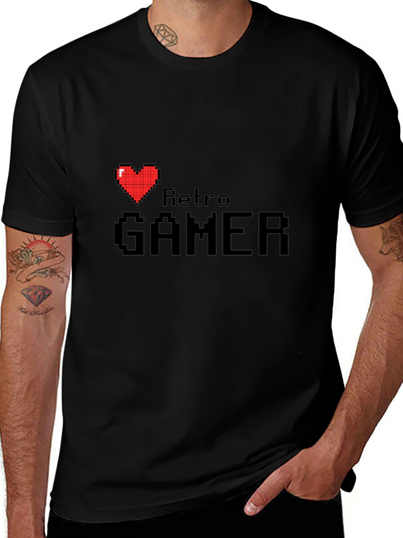 Retro Gamer Black T-Shirt - Pixel Heart Design