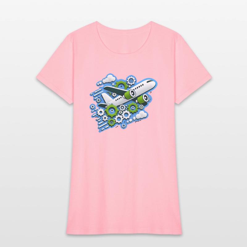 White plane with green wings flying in blue clouds