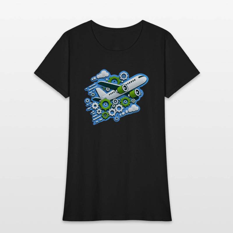 White plane with green wings flying in blue clouds
