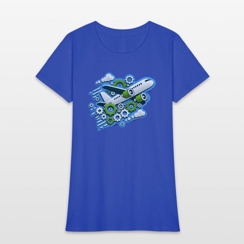 White plane with green wings flying in blue clouds