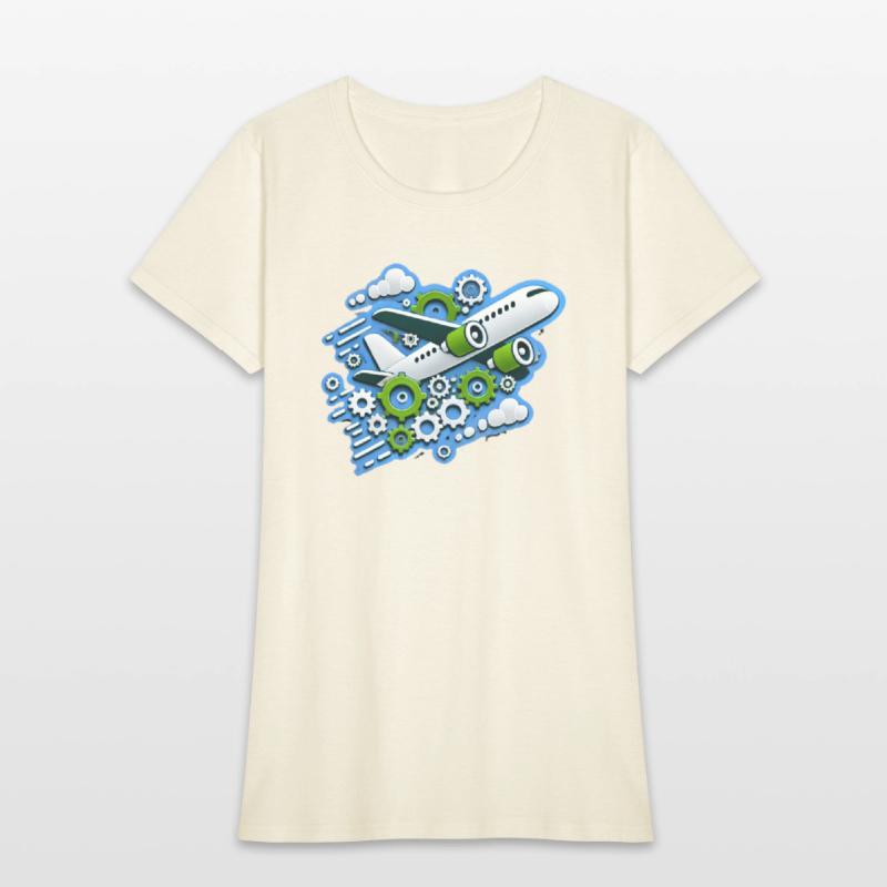 White plane with green wings flying in blue clouds