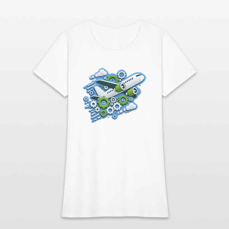 White plane with green wings flying in blue clouds