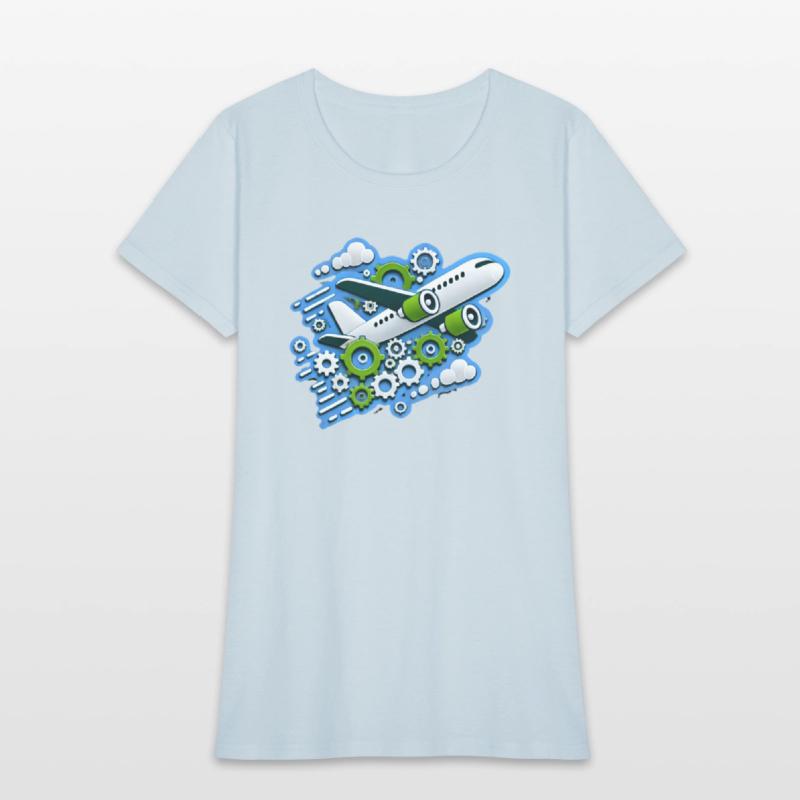 White plane with green wings flying in blue clouds