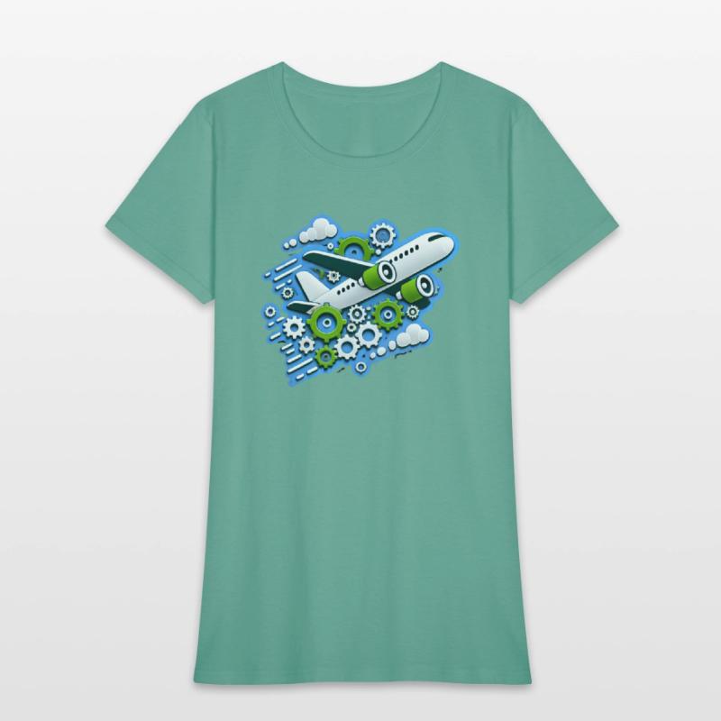 White plane with green wings flying in blue clouds