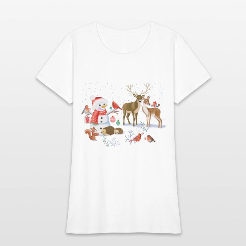 Winter fairytale with snowman and forest animals