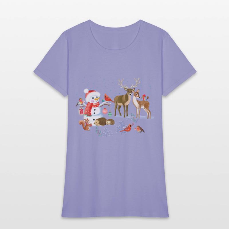 Winter fairytale with snowman and forest animals
