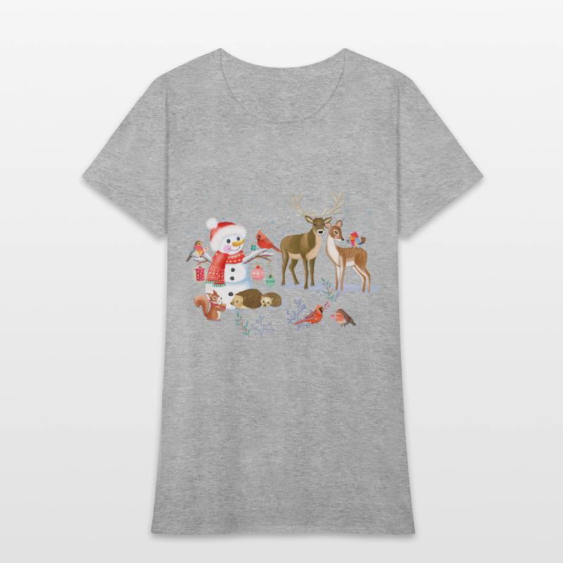 Winter fairytale with snowman and forest animals