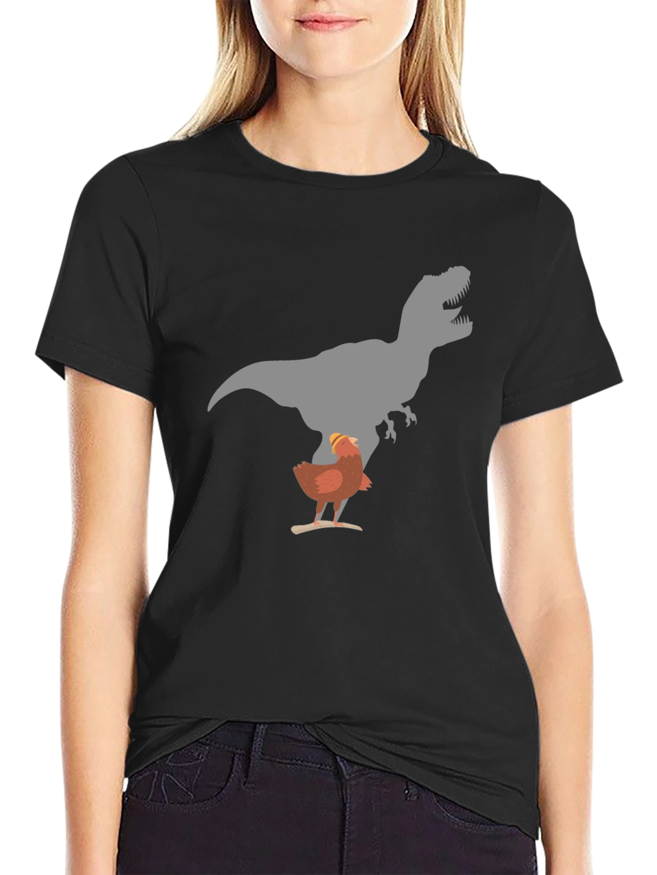 Funny Chicken and T-Rex Graphic Black T-Shirt