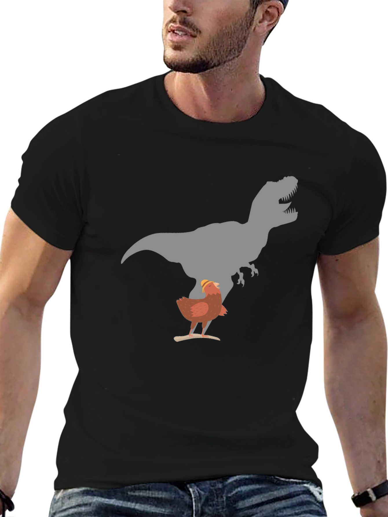 Funny Chicken and T-Rex Graphic Black T-Shirt
