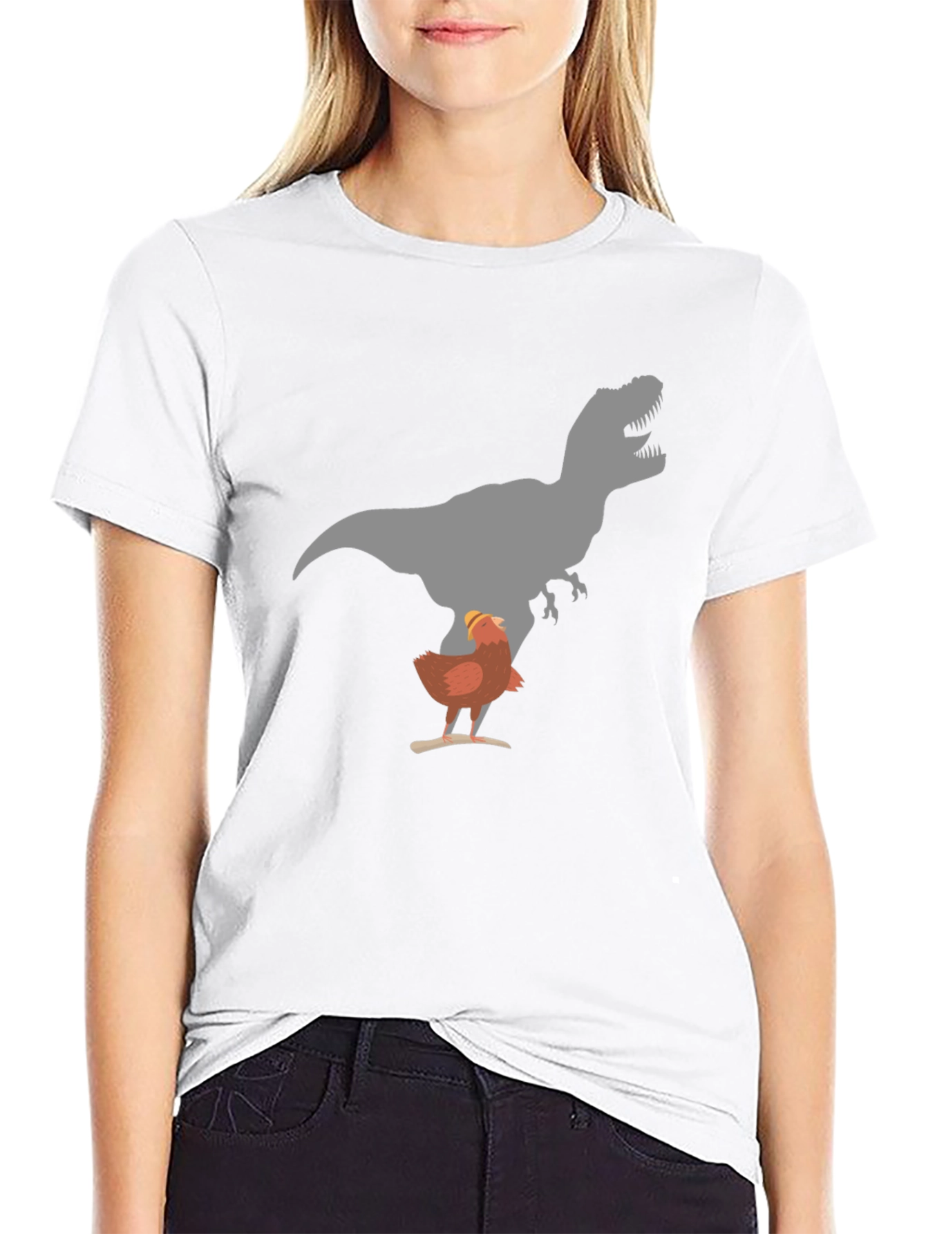 Funny Chicken and T-Rex Graphic Black T-Shirt