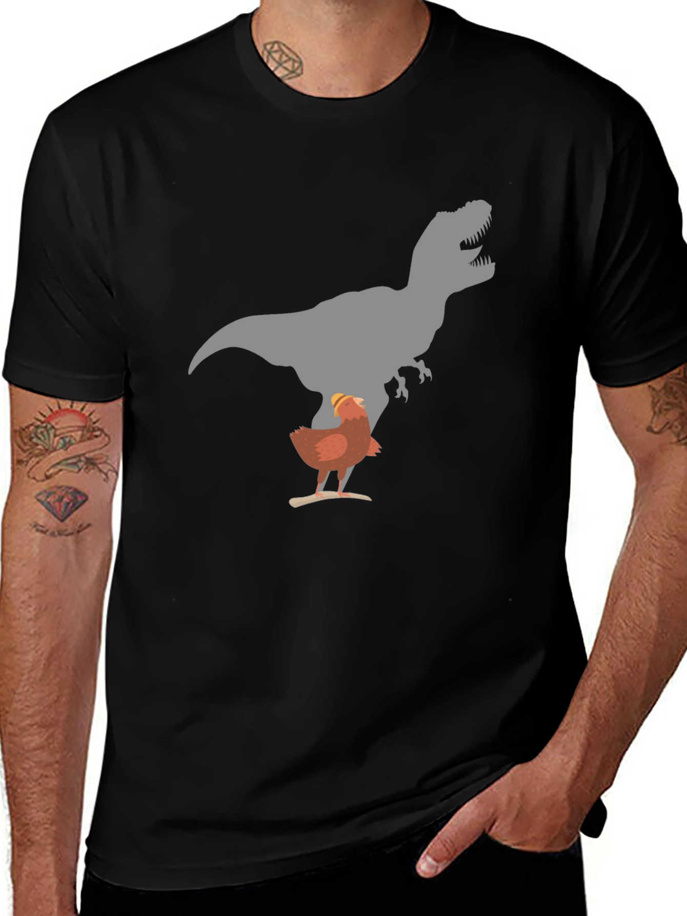 Funny Chicken and T-Rex Graphic Black T-Shirt