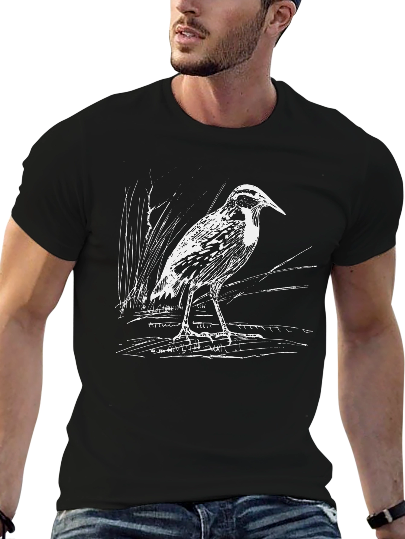 Heron Sketch Graphic Tee - Black Casual Cotton T-Shirt