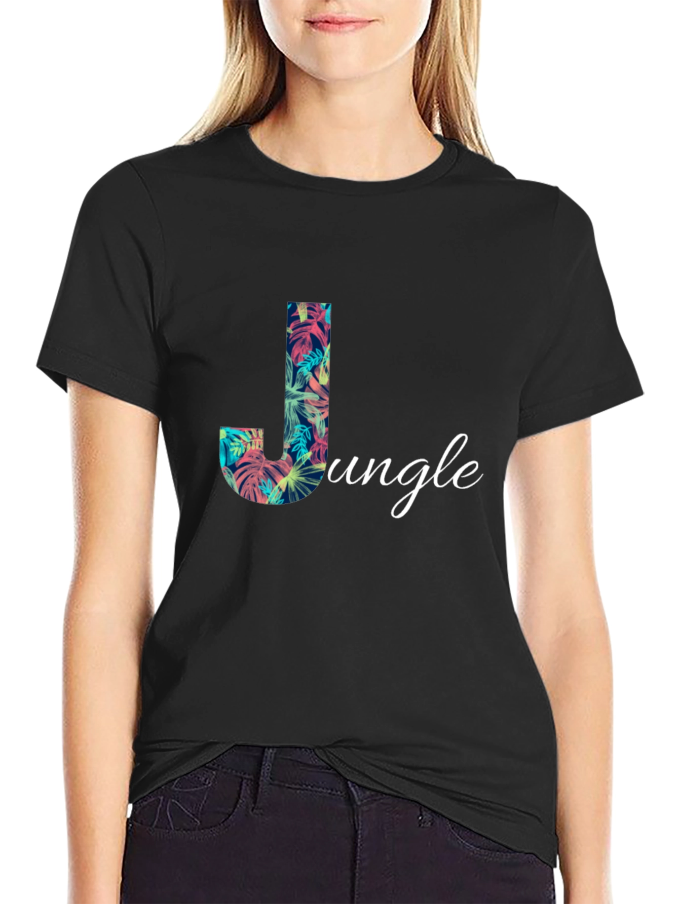Tropical Jungle Letter J Mens Black T-Shirt