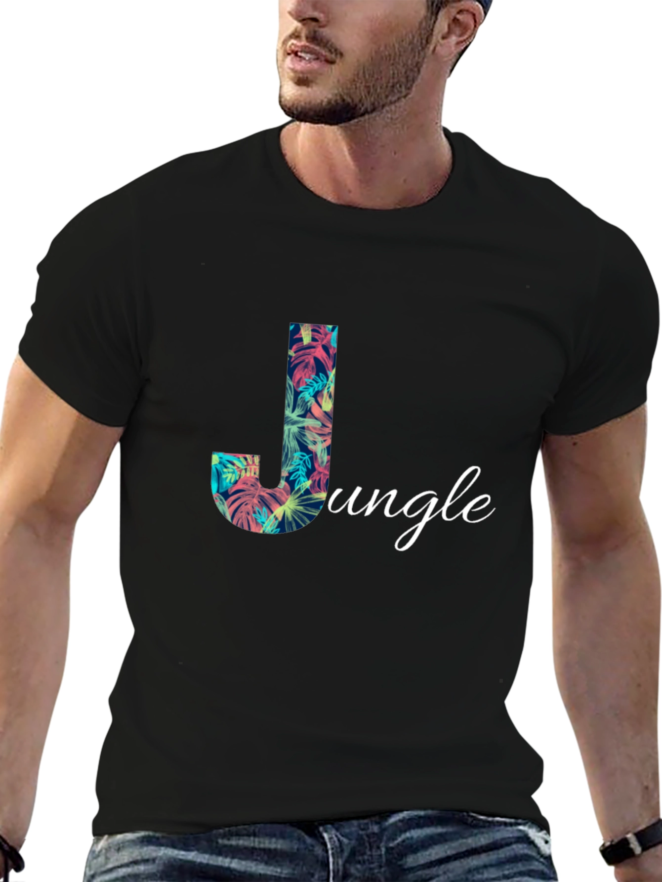 Tropical Jungle Letter J Mens Black T-Shirt