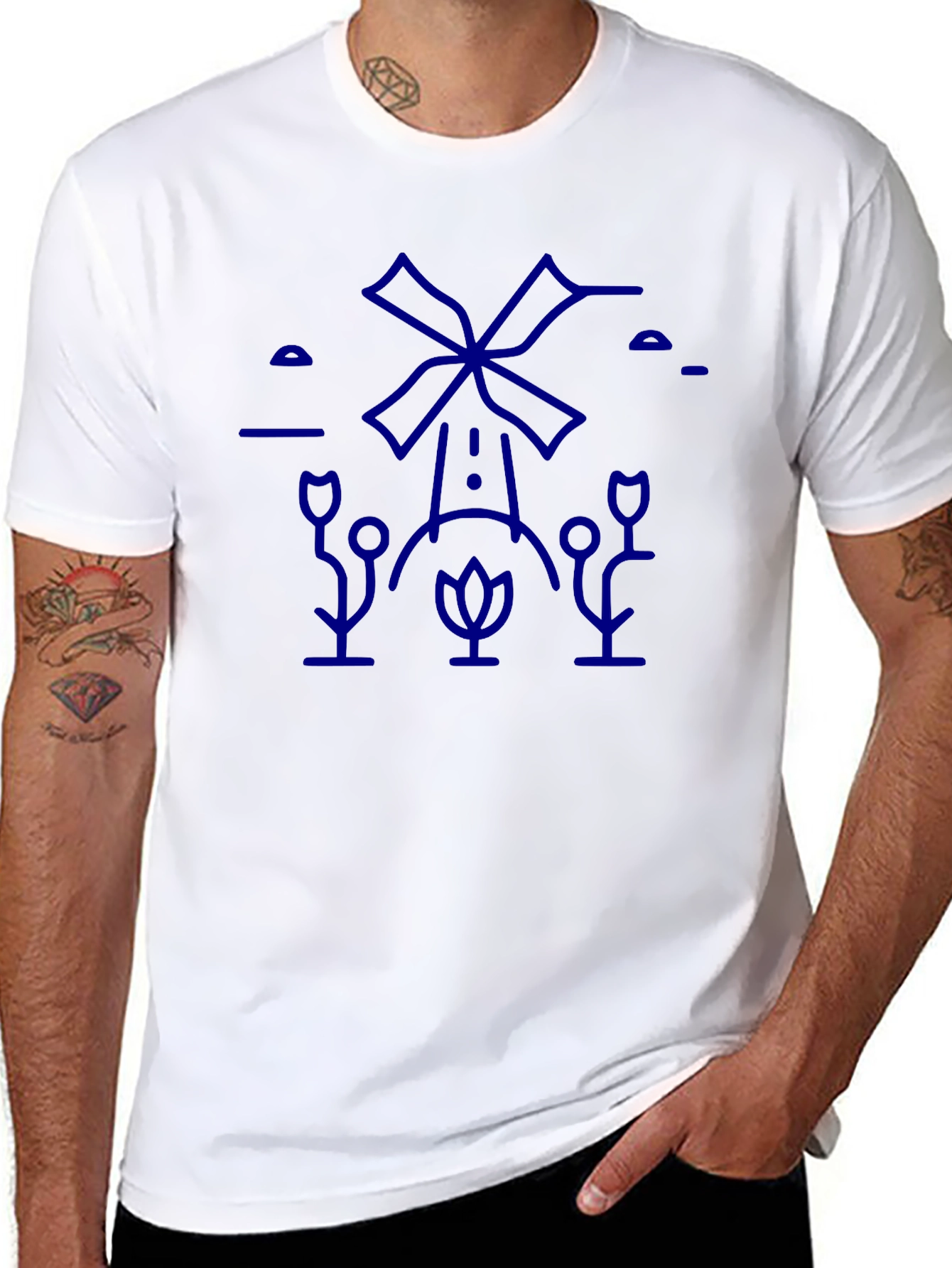 Black T-Shirt with Blue Windmill Graphic