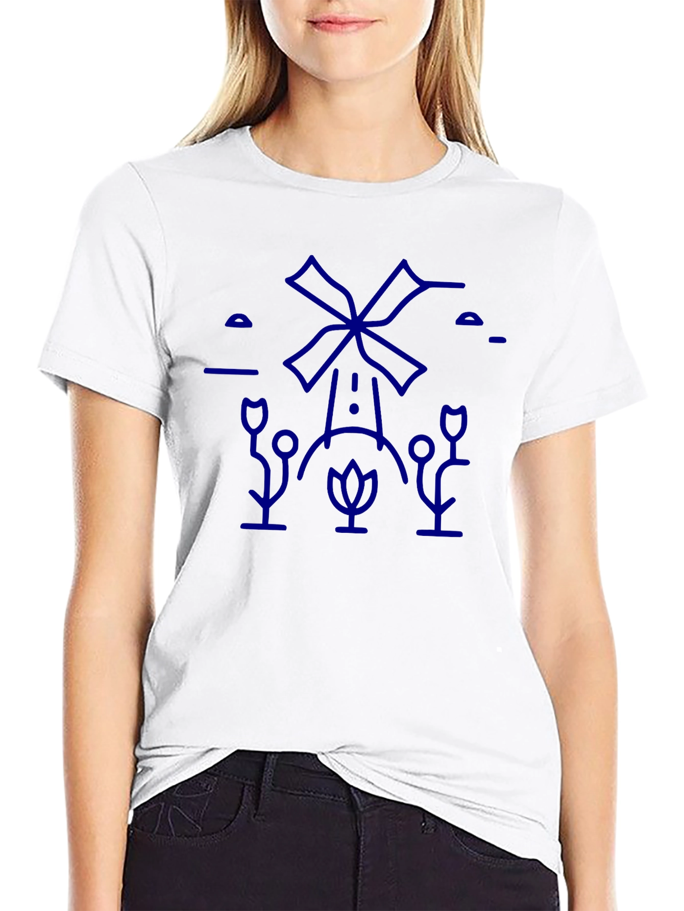Black T-Shirt with Blue Windmill Graphic