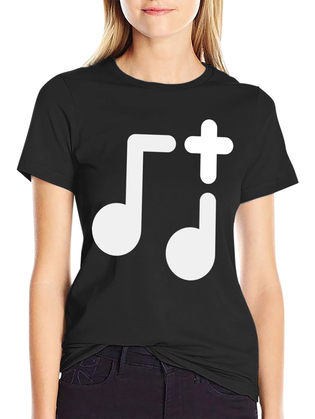 Music Note Plus Sign Black T-Shirt